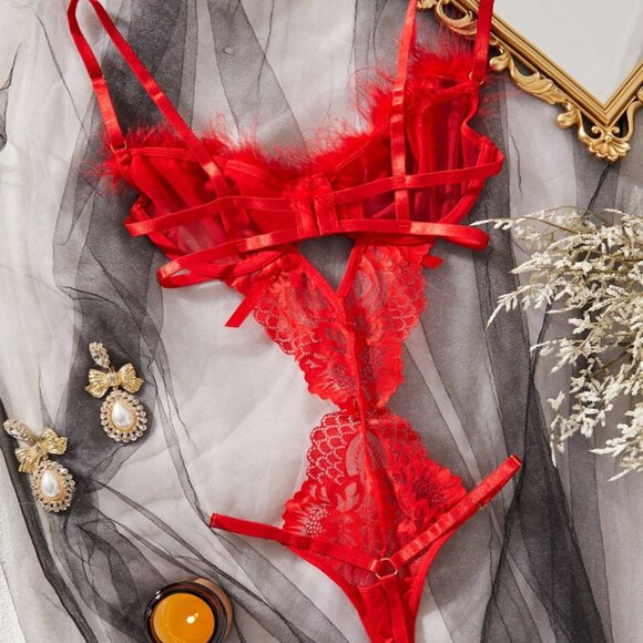 Feather Red Floral Longline Bra Set Women Lingerie Set Mesh Sexy Lingerie - Picture 3 of 10